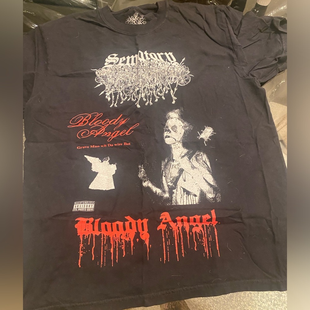 Black Graphic Tee with Red and White Print sematary haunted mound bloody angel